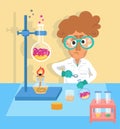 Scientist chemist among objects. Tools in lab in cartoon flat style. Medical experiments. Vector illustration. Royalty Free Stock Photo