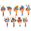 Scientist children working on physics science experiment set, boy in fantastic headdress with antennas vector