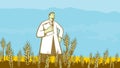 Scientist with Clipboard Standing in Wheat Field WPA Retro