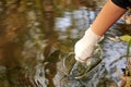 A scientist collects river water in a glass beaker