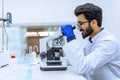 Scientist conducts experiments, adjusts specimen in petri dish and looking on it into microscope Royalty Free Stock Photo