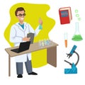 Scientist. Professions, character and items for his work. Children education. Exercise for preschoolers. Vector flat
