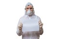 Scientist in coveralls is holds blank paper for custom text.