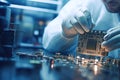 Scientist in coveralls working on a processor chip in a laboratory. Technician working on computer mainboard. Generative AI