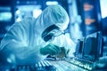 Scientist in coveralls working on a processor chip in a laboratory. Technician working on computer mainboard. Generative AI