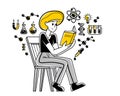 Scientist discovering science theory and making experiments vector outline illustration, theoretical science research or invention