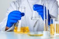 Scientist or doctor in blue gloves pouring some yellow liquid into a flask Royalty Free Stock Photo