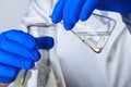 Scientist or doctor in blue gloves pouring some yellow liquid into a flask Royalty Free Stock Photo