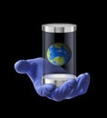 Scientist capsule with planet earth globe inside on doctor hand.