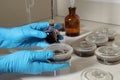 Scientist doing nitrogen titration of soil sample at table. Laboratory research