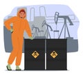Scientist ecologist solving problem of harmful pollution from oil production derrick pump factory Royalty Free Stock Photo