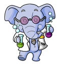 The scientist elephant is holding the beaker glass