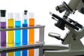 Scientist with equipment and science experiments, laboratory glassware containing chemical liquid for research or analyzing a Royalty Free Stock Photo