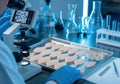 Scientist examines food samples under a microscope in a laboratory setting with various scientific equipment and beakers Royalty Free Stock Photo
