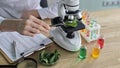 Scientist examines green leaf under microscope in laboratory with colorful samples and data sheet Royalty Free Stock Photo