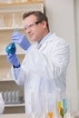 Scientist examining blue precipitate in baker Royalty Free Stock Photo