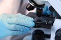 Scientist examining sample on slide under microscope, closeup Royalty Free Stock Photo