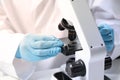 Scientist examining sample on slide under microscope at table, closeup Royalty Free Stock Photo