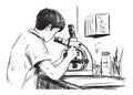 Scientist examining sample under microscope in a laboratory setting.