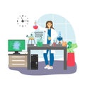 Scientist female character conducting chemistry experiment, flat vector illustration. Science research lab.