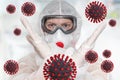 Scientist with FFP3 respirator mask is showing STOP gesture Royalty Free Stock Photo