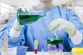 Scientist filling a flask in a chemical laboratory