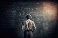 Scientist in front of a blackboard with equations and problem solving solutions. Generative Ai