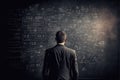 Scientist in front of a blackboard with equations and problem solving solutions. Generative Ai