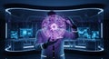 Futuristic scientist interacting with a glowing digital brain in a high tech laboratory environment Royalty Free Stock Photo