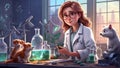 Scientist girl in lab coat, against animal experiments concept, Pixar animation style illustration