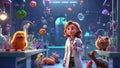 Scientist girl in lab coat, against animal experiments concept, Pixar animation style illustration