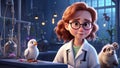 Scientist girl in lab coat, against animal experiments concept, Pixar animation style illustration