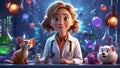 Scientist girl in lab coat, against animal experiments concept, Pixar animation style illustration