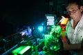 Scientist with glass demonstrate laser