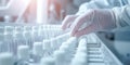 Scientist with gloves checking medical vials at laboratory