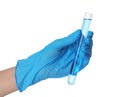 Scientist in gloves holding test tube with light blue liquid on white background, closeup Royalty Free Stock Photo