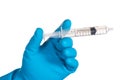 Scientist hand in blue glove holding syringe isolated on white b Royalty Free Stock Photo