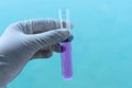 Scientist hand with glove holding test tube laboratory with pink water solution with blue background Royalty Free Stock Photo