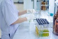 Scientist hand titration at laboratory Royalty Free Stock Photo