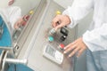 Scientist hand working at pharmacy microbiology laboratory Royalty Free Stock Photo