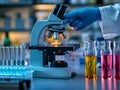 scientist hands placing a sample slide under a microscope lens, surrounded by lab instruments and test tubes
