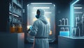 Scientist in hazmat suit with digital tablet in laboratory. Research concept. 3D Rendering