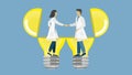 Scientist, health care people, doctors in agreement about idea. Shaking hands and standing in light bulbs. Vector illustration.