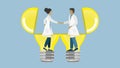 Scientist, health care people, doctors in agreement about idea. Shaking hands. Vector illustration.