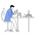 Scientist at his working place flat contour vector illustration