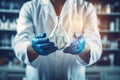 Scientist Holding Flask in Chemical Laboratory Background, Science Laboratory Research and Development Concept