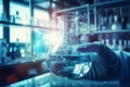 Scientist Holding Flask in Chemical Laboratory Background, Science Laboratory Research and Development Concept