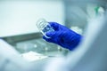 Scientist holding a glass jar. Laboratory equipment, research.