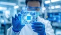 Scientist holding illuminated microchip in laboratory symbolizing AI research, nanotechnology progress and future data Royalty Free Stock Photo