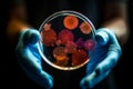 A scientist holding a Petri Dish with Virus and bacteria cells AI generated